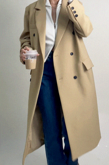Khaki Padded Shoulder Double-Breasted Longline Coat