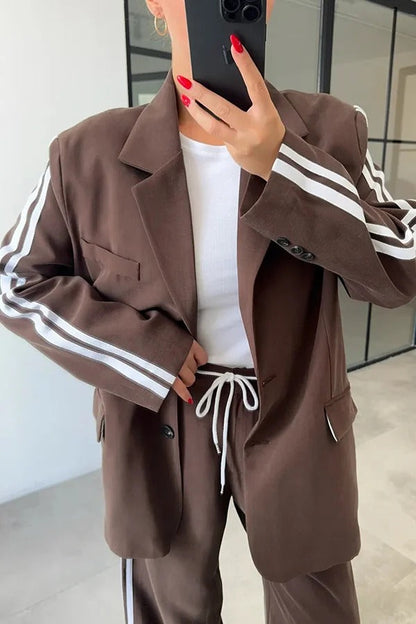 Levvie Striped Trim Long Sleeve Lapel Blazer and Rope Belt Pocketed Wide Leg Pants Set