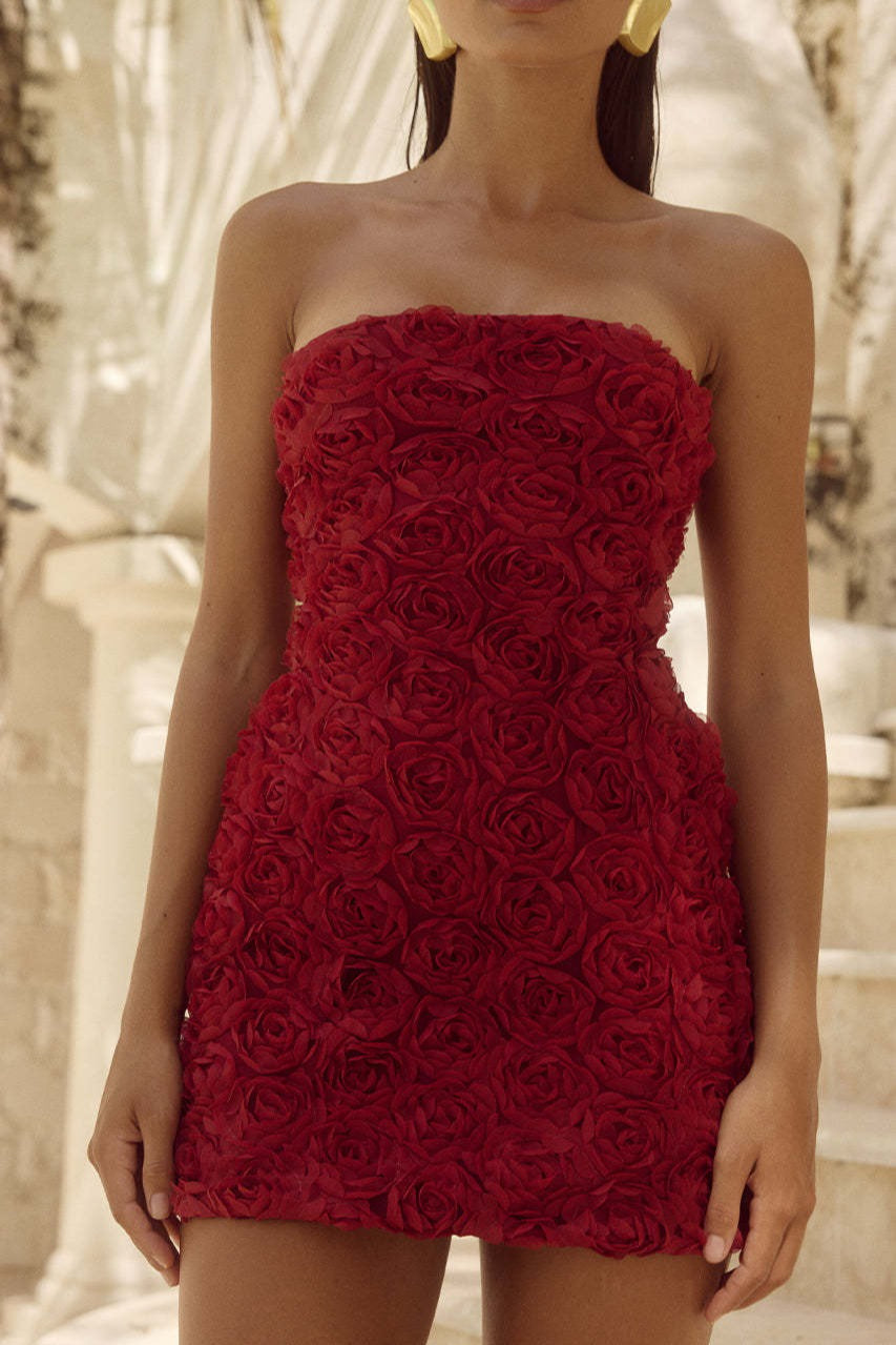 3D Floral Strapless Bodycon Party Dress