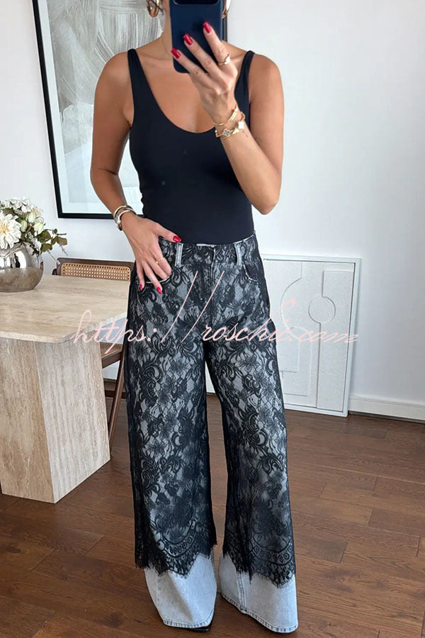 Leina Denim Lace Detail Patchwork High Rise Pocket Wide Leg Jeans