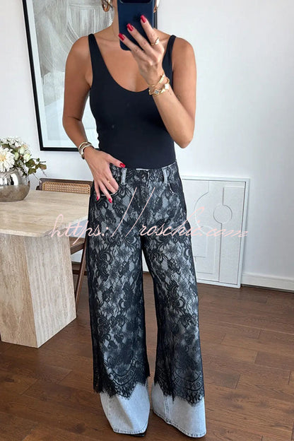 Leina Denim Lace Detail Patchwork High Rise Pocket Wide Leg Jeans