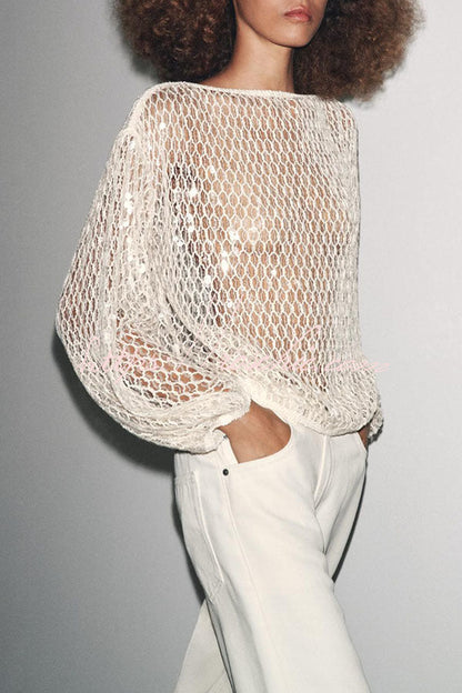 Maja Knit Sequin Hollow Out Wide Neck Balloon Sleeve Loose Cover-up Top