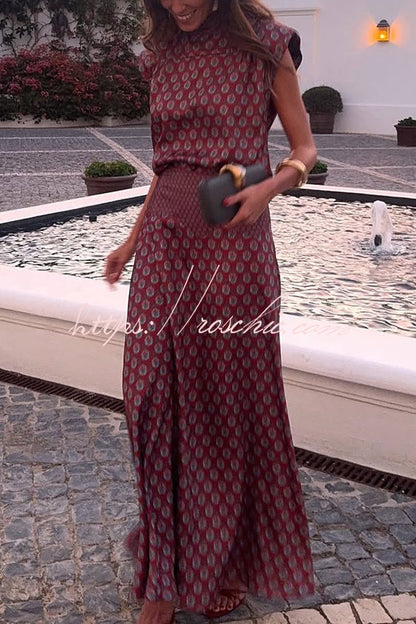 Dalena Satin Art Print High Tie-up Neck Short Sleeve Top and High Rise Maxi Skirt Set