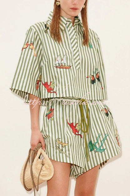 Linen Blend Striped Print Short-sleeved Loose-fitting Shirt and Elastic Waist Drawstring Pocket Casual Shorts Set