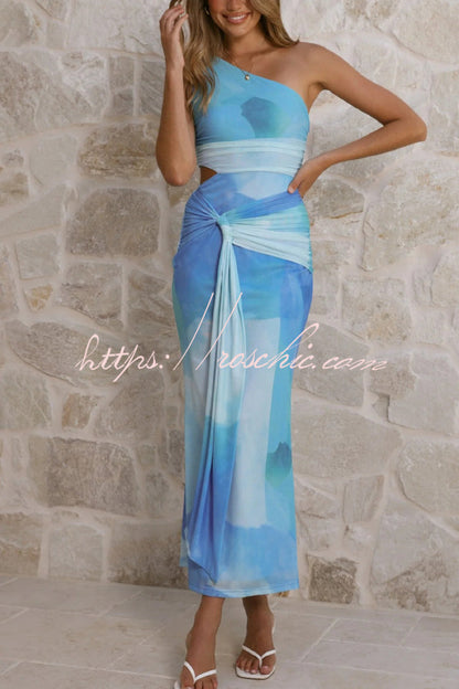 Unique Printed One-Shoulder Cutout Fitted Lace-Up Maxi Dress