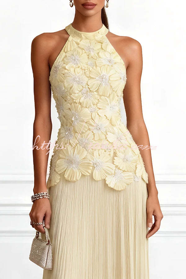 Emilie 3D Floral Embroidery Pleated Chiffon Hem Halter Neck Sleeveless Maxi Dress