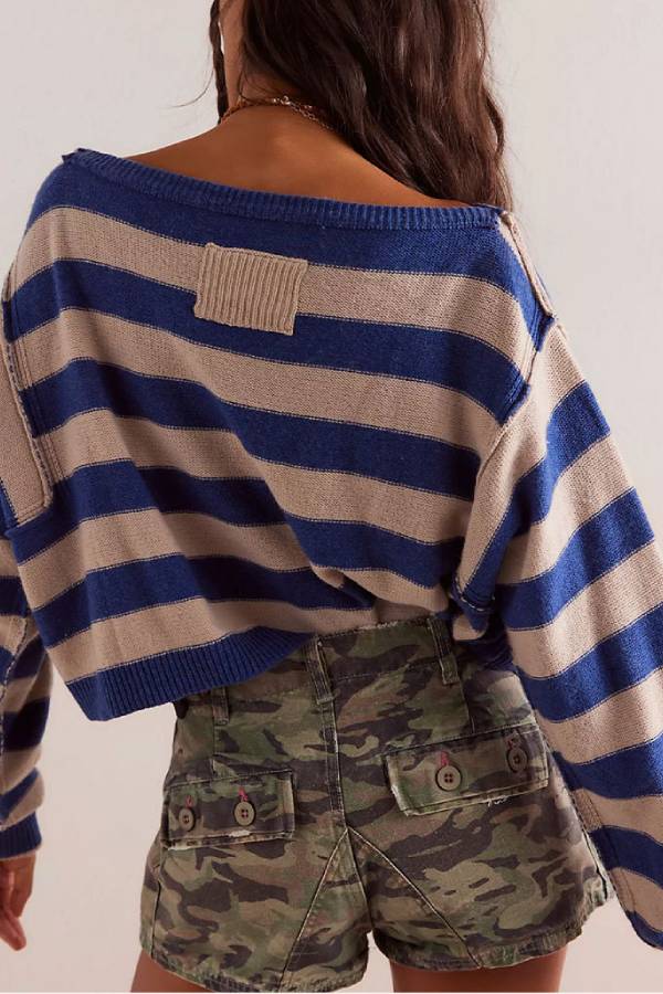 Striped Print Crew Neck Long Sleeve Loose Knitted Sweater