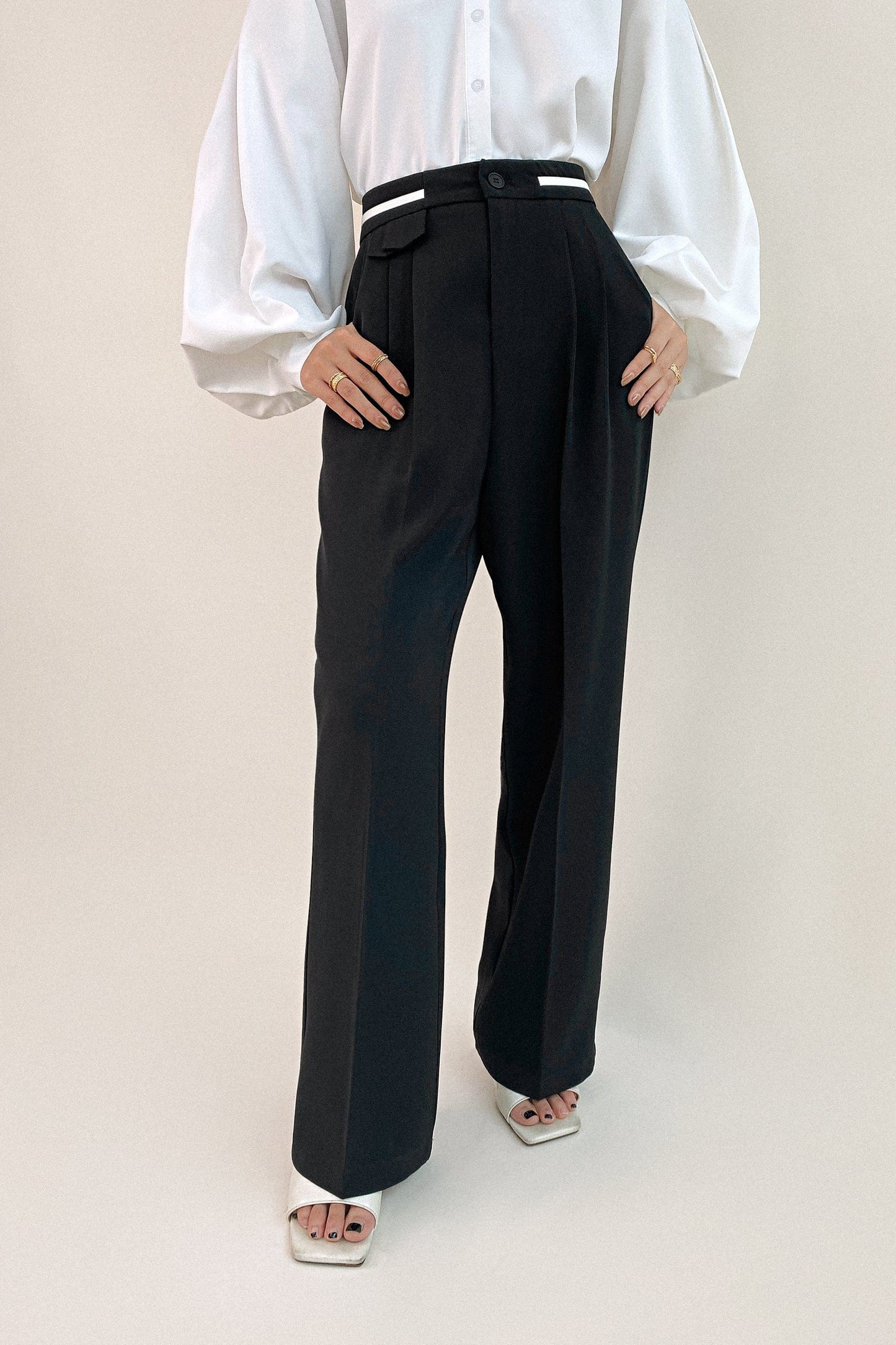 Black Contrast Strap Detail Wide Leg Work Pants