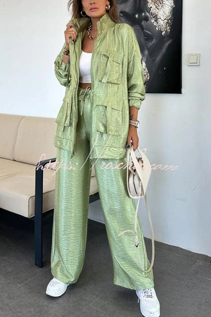 Easy on Me Metallic Fabric Elastic Waist Pocketed Wide Leg Pants (Shipped Within 24 Hours)