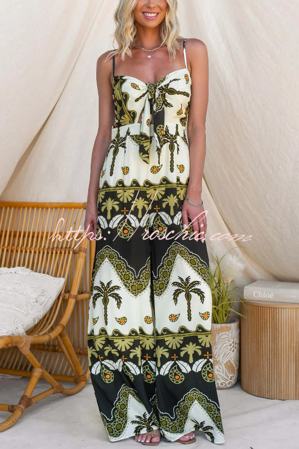 Unique Print Casual Spaghetti Strap High Waist Resort Loose Wide Leg Jumpsuit