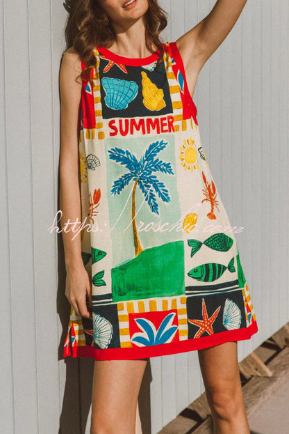 Summer-themed Printed Round Neck Sleeveless Pocket Loose Mini Dress