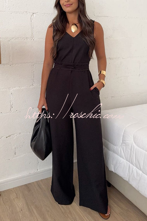 Elaris Linen Blend V-neck Tie-up Waist Pocketed H-line Wide Leg Jumpsuit