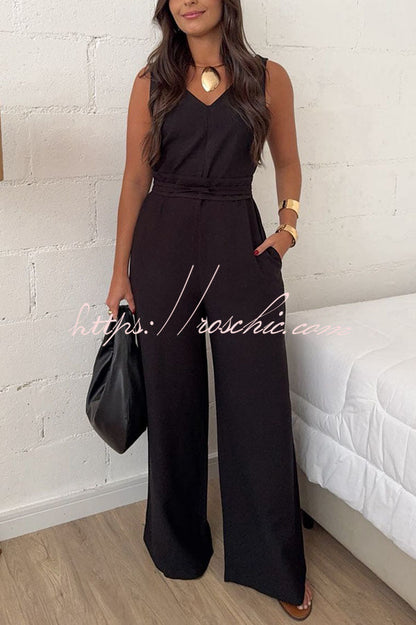 Elaris Linen Blend V-neck Tie-up Waist Pocketed H-line Wide Leg Jumpsuit