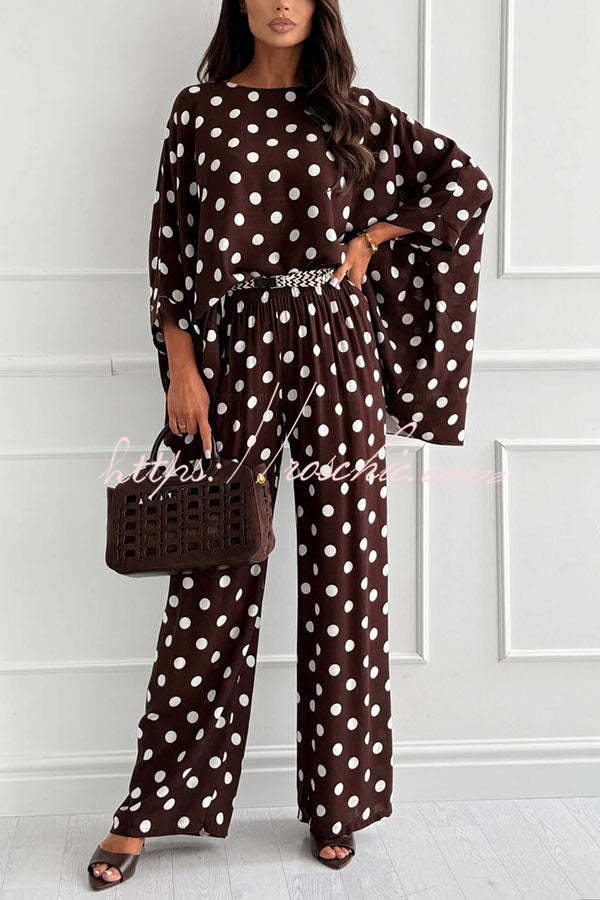Verne Linen Blend Polka Dot Batwing Sleeve Top and Elastic Waist Pocket Loose Pants Set
