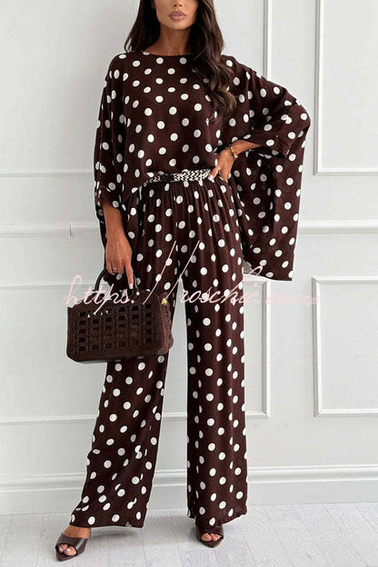 Verne Linen Blend Polka Dot Batwing Sleeve Top and Elastic Waist Pocket Loose Pants Set