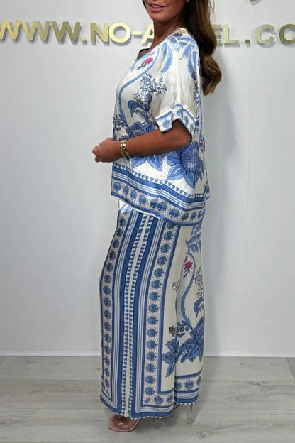 V-neck Short Sleeve Botanical Print Satin Wide-Leg Pants Set