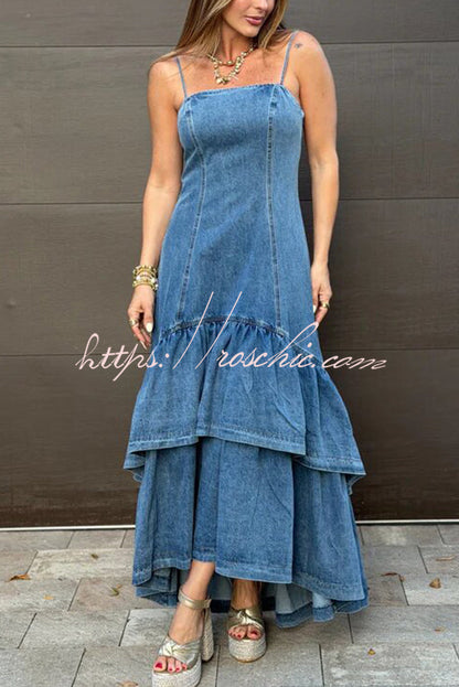 Graceful Smile Denim Back Zipper Slip Layered Ruffle Hem Maxi Dress
