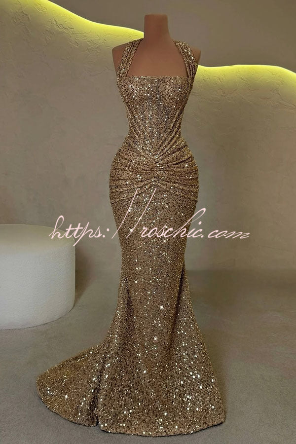 Velda Sequin Halter Square Neck Ruched Waist Back Lace-up Drape Flare Maxi Dress