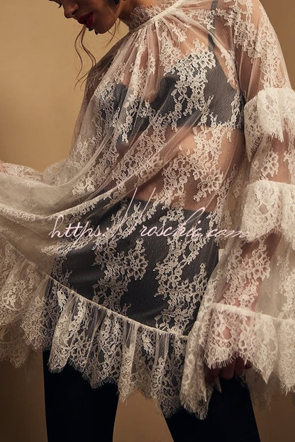 Sexy See-through Lace Loose Long-sleeved Mini Dress
