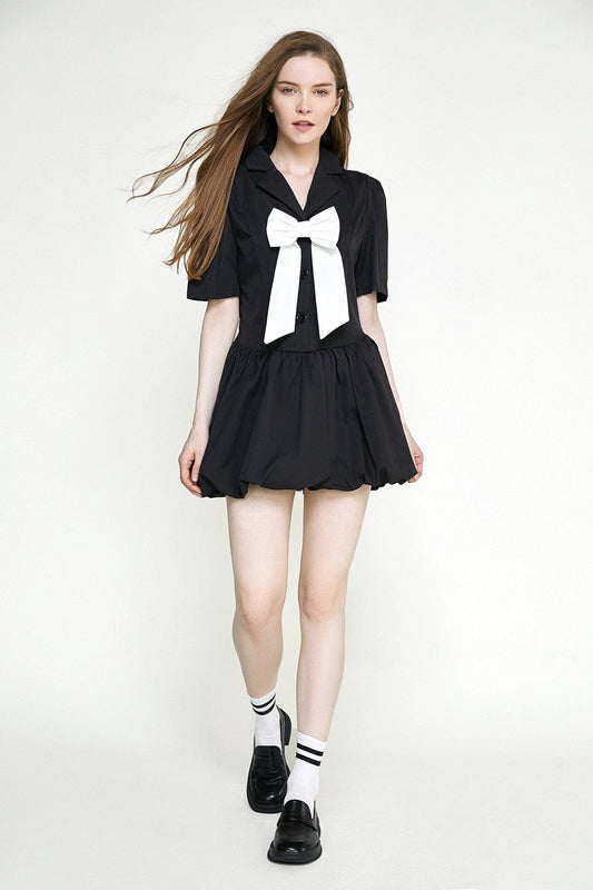 Black Bowknot Decor Balloon-Skirt Mini Dress