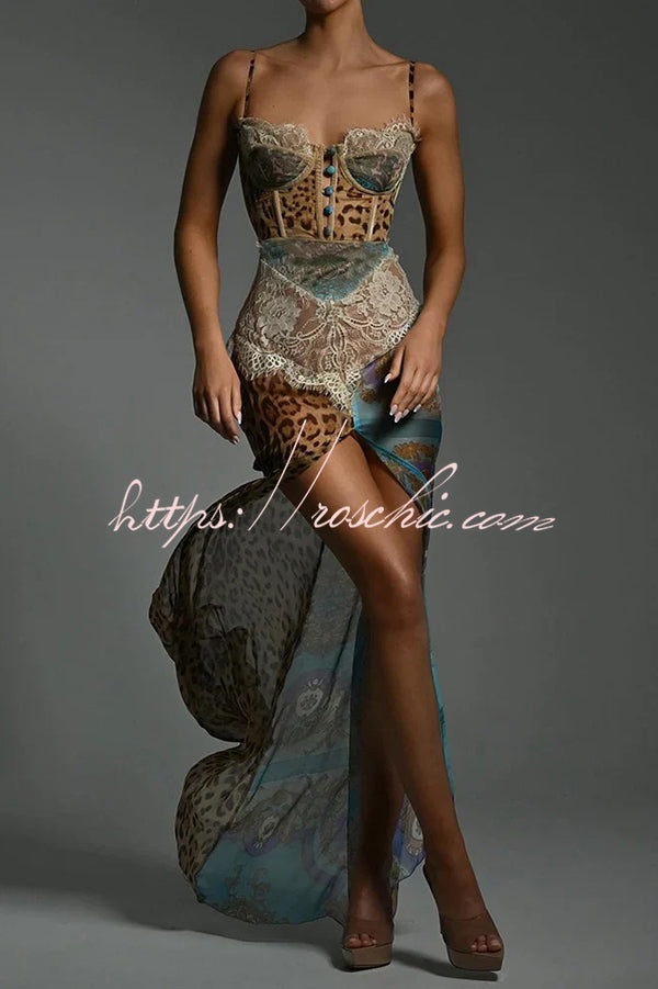 Chiffon Leopard Print Sexy Lace Splicing High Slit Slim Maxi Dress