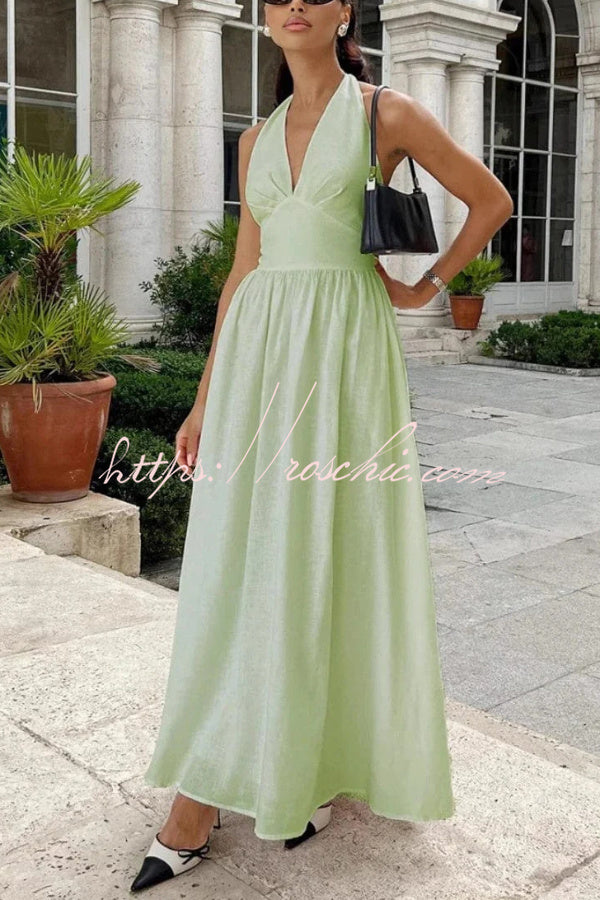 Solid Color Halter Neck Tie Elegant Backless Waist-cinching Maxi Dress