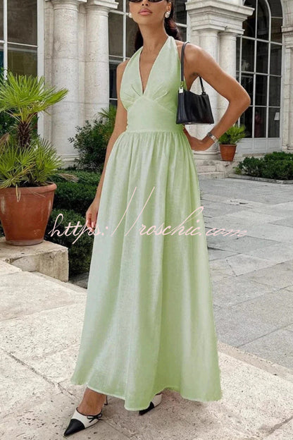 Solid Color Halter Neck Tie Elegant Backless Waist-cinching Maxi Dress