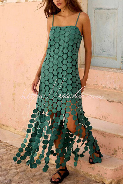Juju Embroidered Cutout Polka Dots Square Neck Tassel Hem Slip Maxi Dress
