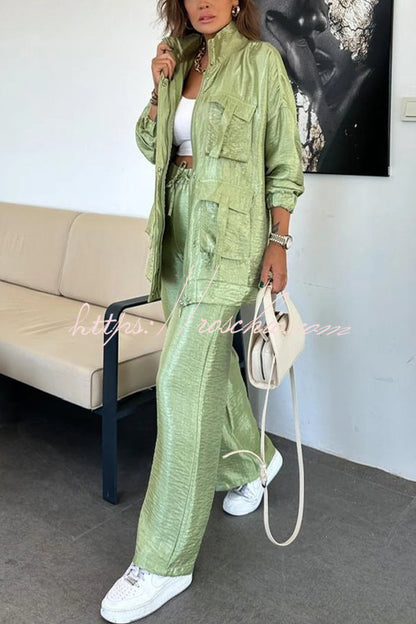 Easy on Me Metallic Fabric Elastic Waist Pocketed Wide Leg Pants (Shipped Within 24 Hours)