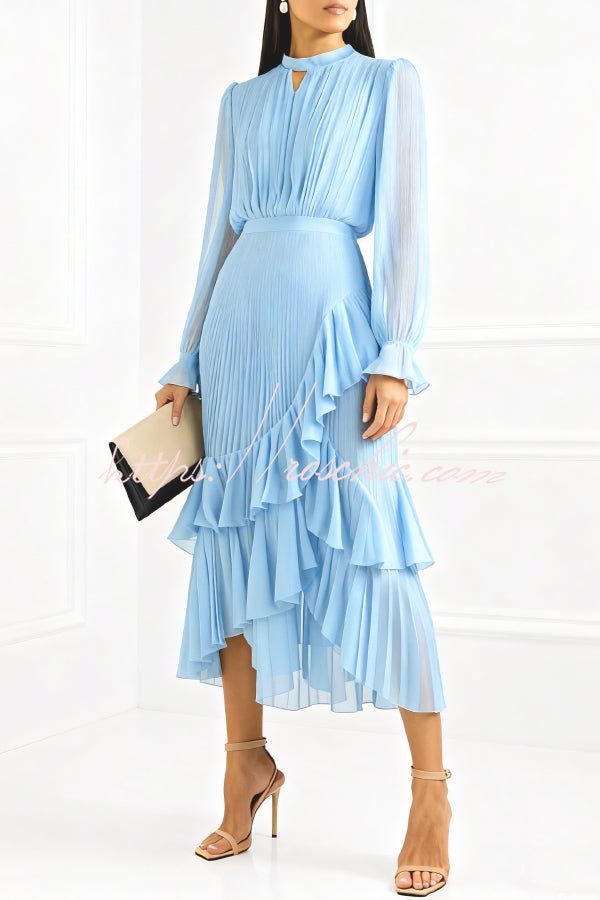 Solid Color Round Neck Long Sleeve Fitted Waist Pleated Ruffle Midi Dress