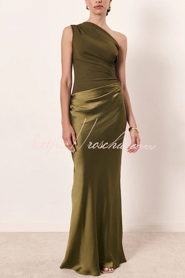 Kaia Satin Contrast Fabric Patchwork One Shoulder Ruched Maxi Dress