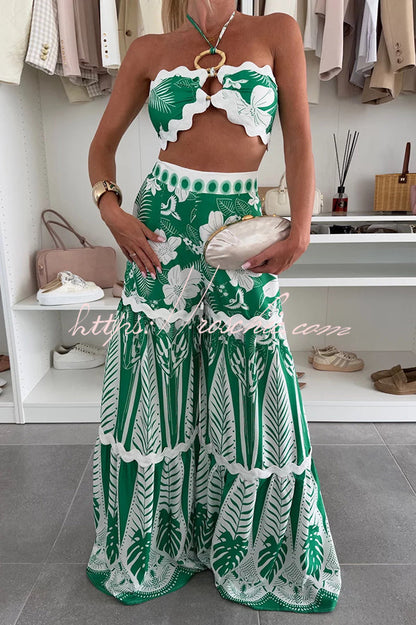 Cassie Ric Rac Trims Unique Print Halter Ring Tank and High Rise Wide Leg Pants Set
