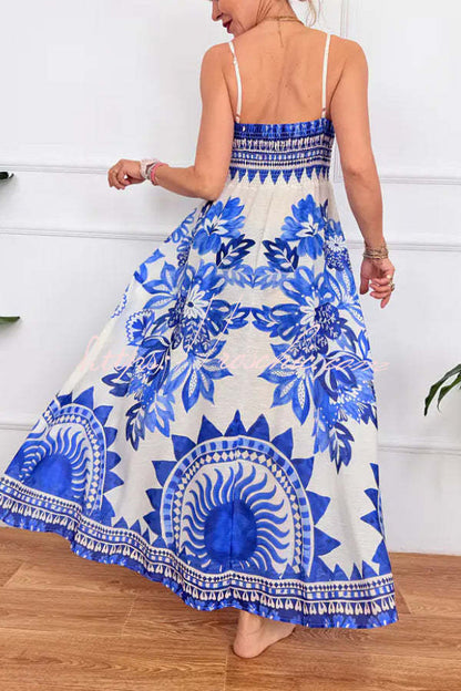 Bohemian Art Print Blue and White Striped Sundress