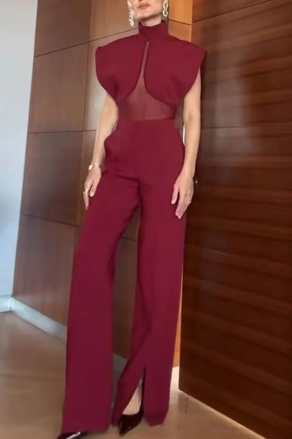 Vita Mesh Patchwork High Neck Wide Sleeve Bodysuit and High Rise Pocket Slit Pants Set