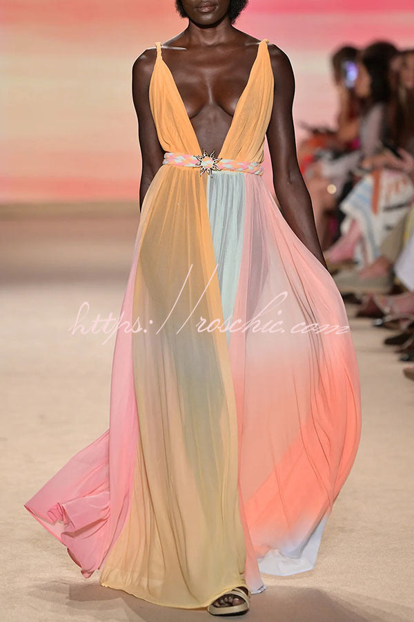 Rainbow Sky Chiffon Ombré Print Metal Decoration Woven Belted Vacation Maxi Dress