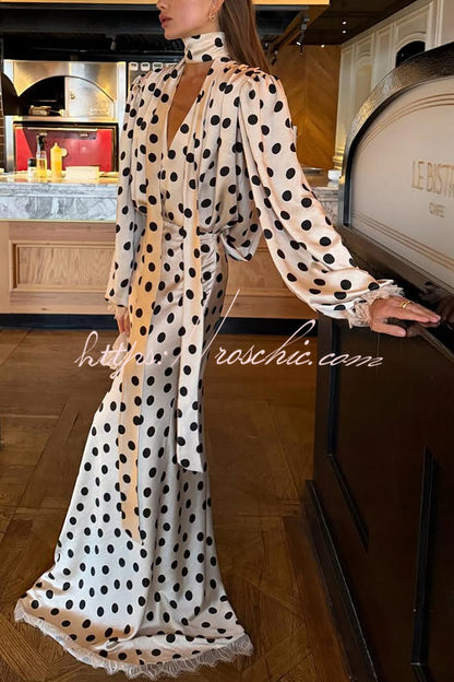 Chrissa Satin Polka Dot Print Lace Trim Tie-up Neck Balloon Sleeve Loose Blouse
