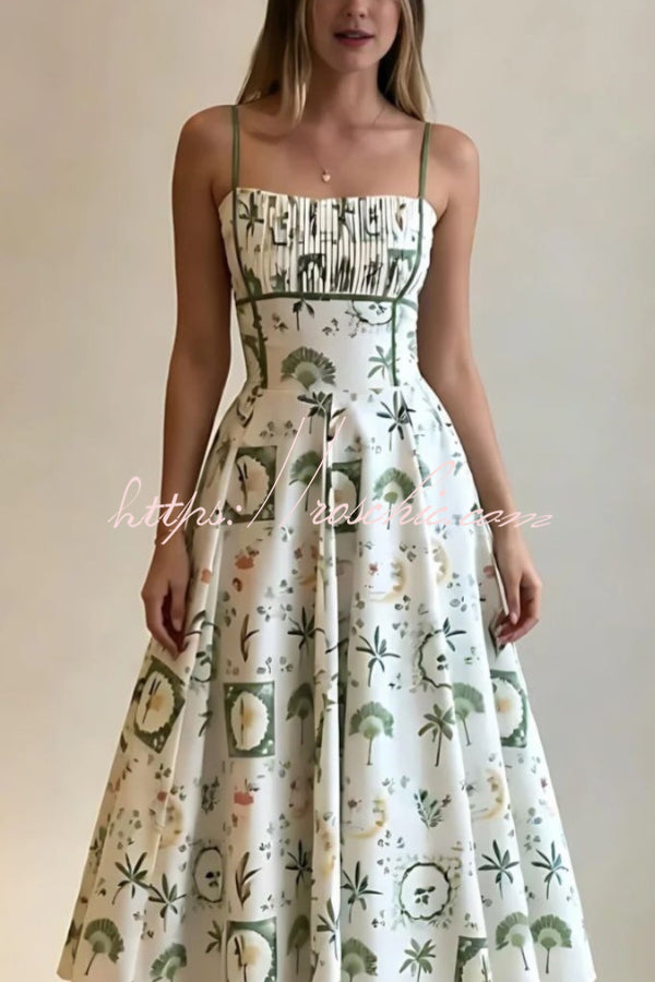 Unique Printed Thin-strapped Pleated Waist Casual Maxi Dress