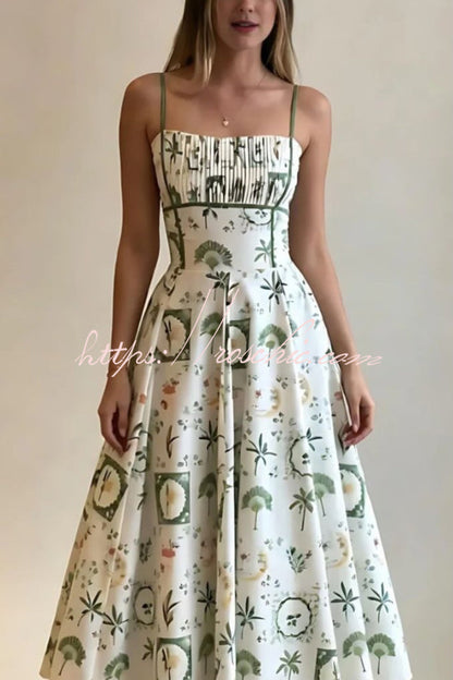 Unique Printed Thin-strapped Pleated Waist Casual Maxi Dress