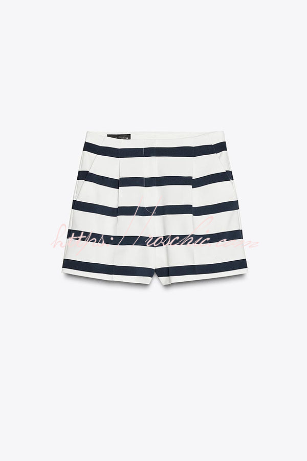 Logbook Stripe Button Shoulder T-Shirt and High-Rise Pocketed Loose  Shorts Set