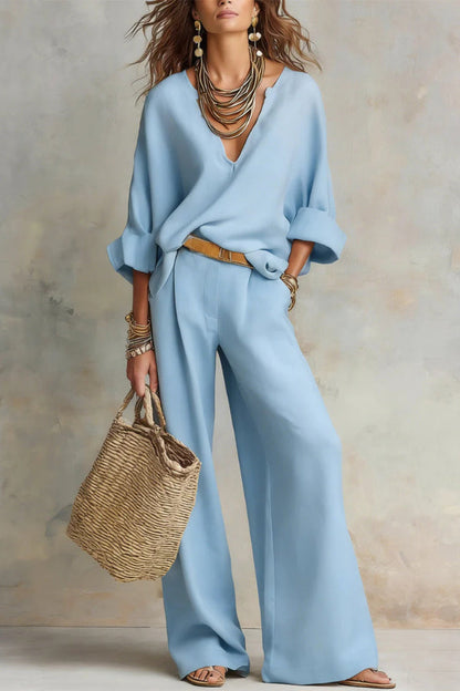 Linen Blend Solid Color Loose V-neck Top and Elastic Waist Pocket Casual Wide-leg Pants Set