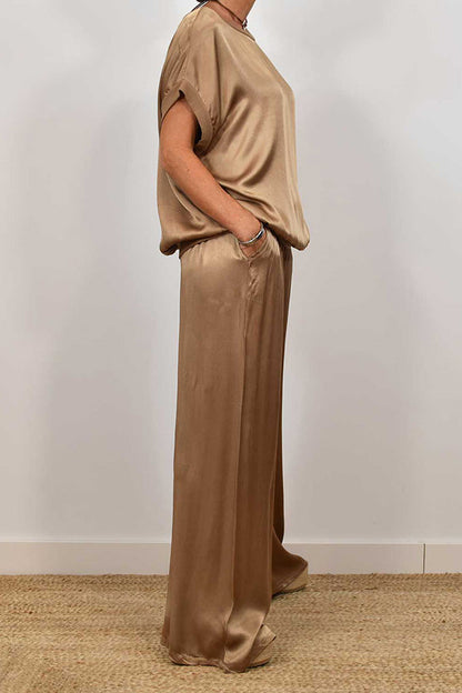 Satin Solid Color Loose Short-sleeved Top and Elastic Waist Lace-up Pocket Wide-leg Pants Set