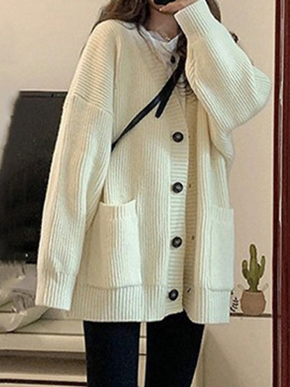 Preppy Solid Color V Neck Baggy Cardigan