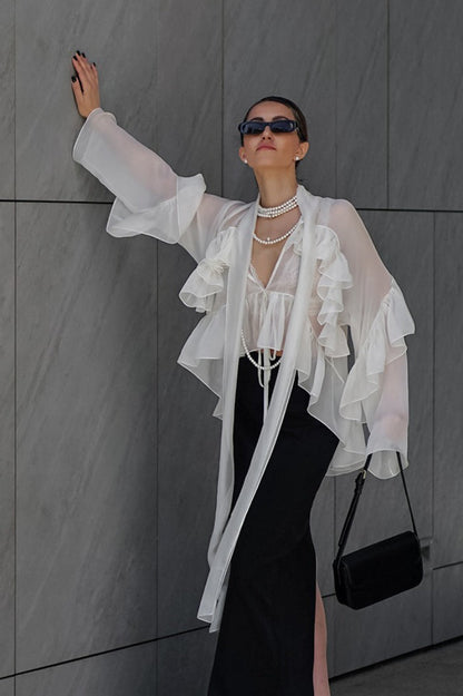 Ruffle Tie Neck Tencel Blouse