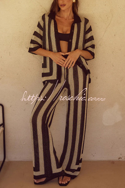 Stylish Knitted Collared Short-Sleeved Button-Up Top and Elastic Waist Casual Pants Cover-Up Set