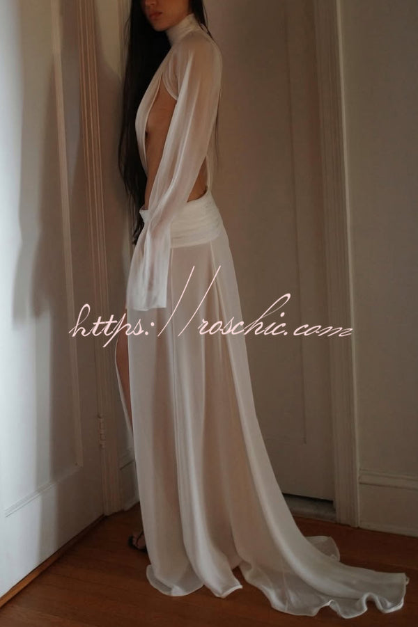 Sexy See-through High-neck Long-sleeved Draped Top and High-waisted Slit Maxi Skirt Vacation Set