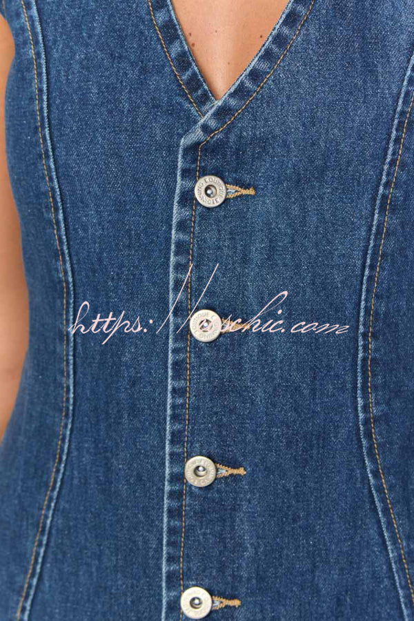 Stylish Sleeveless V-neck Buttons Tie-up Denim Mini Dress