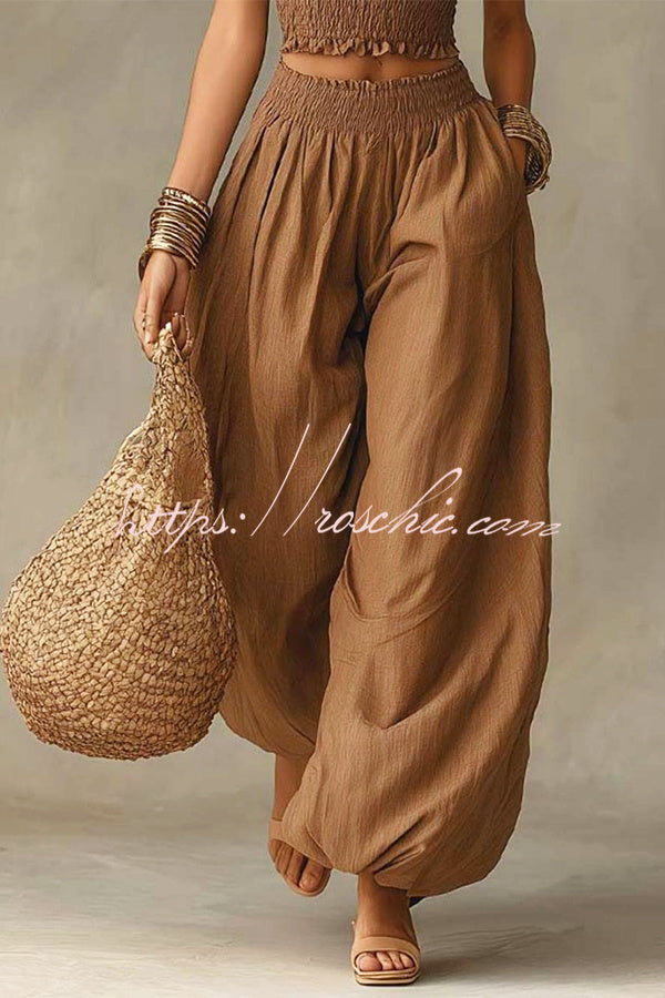 Olive Gypsy  pleated crop top and high-waisted wide-leg pants set