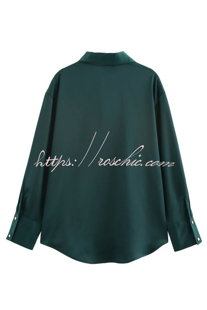 Solid Color Silk Satin Texture Single-breasted Long-sleeved Loose Shirt