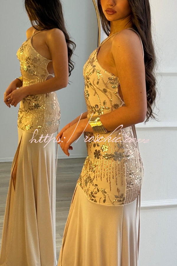 Fashionable Sequined Halter Neck Elegant Slim-fit Slit Maxi Dress