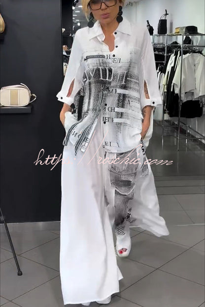 Street Style Graffiti Print Button Half Sleeve Blouse and Elastic Waist Pocket Wide Leg Pants Set